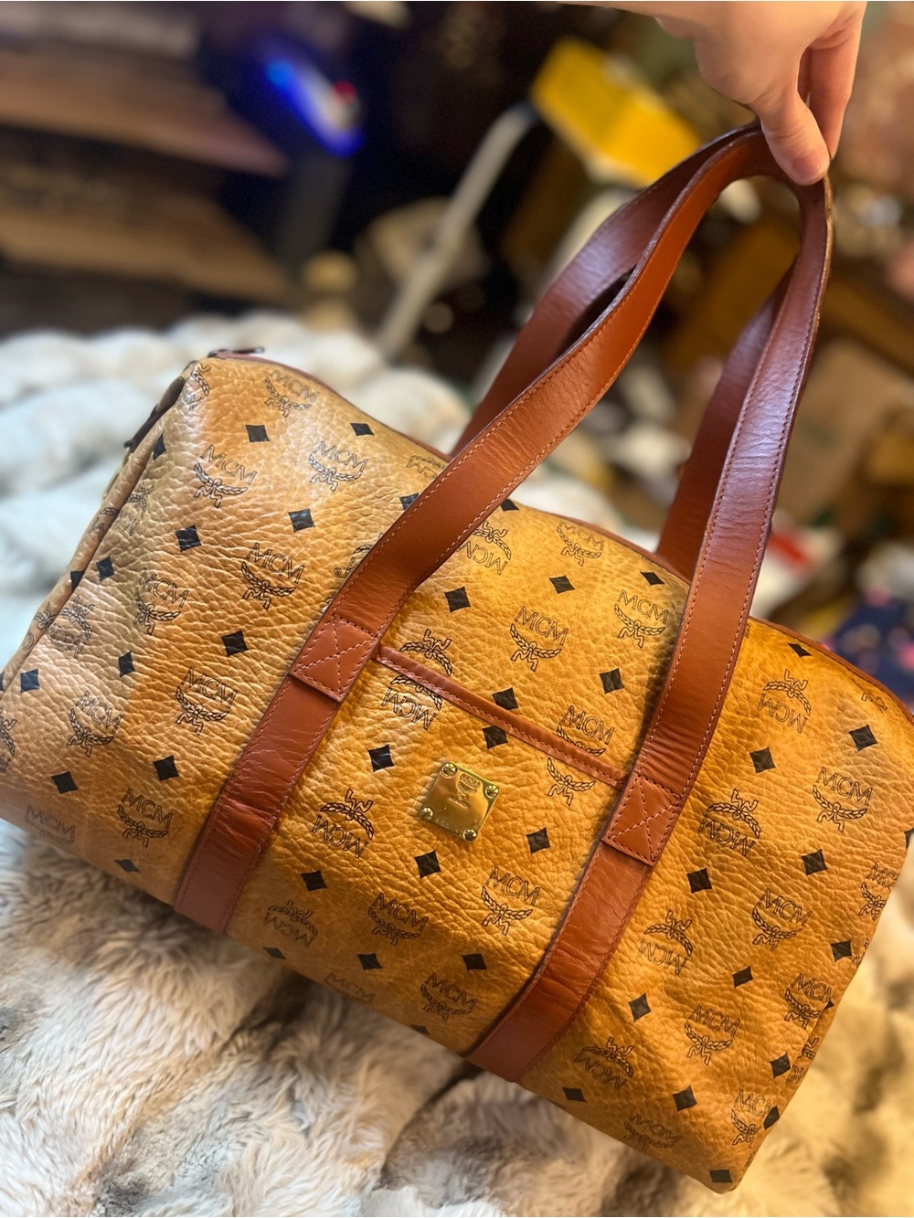 MCM Cognac Monogram Golf Collection Visetos Boston Tote **RARE** (Retail $1,590)